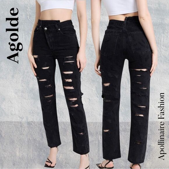 Agolde Criss Cross Straight Jeans Feverish Distressed In Black NWT - Picture 1 of 10